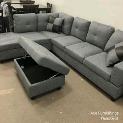 Brand New Grey Denim Linen Sectional Set With Storage Ottoman & 2 Decorative Pillows