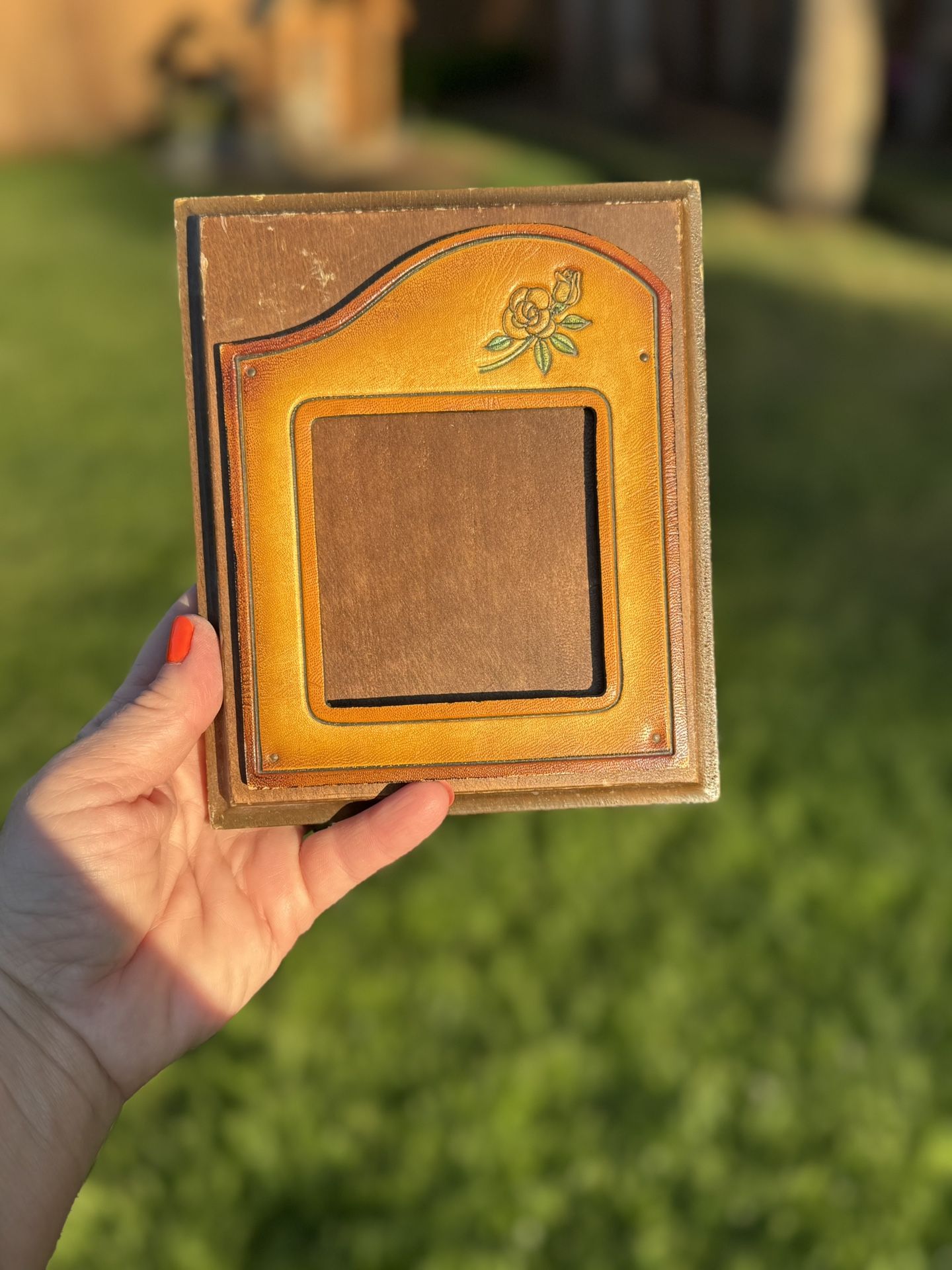 Vtg Leather Accent Wood Picture Frame