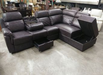 Brand New Air Leather Fabric Java Reclining Sectional With Storage Compartments Built In Cup Holders & A Drop Down Table