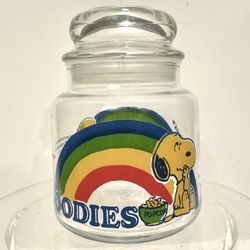 Vintage Peanuts Snoopy Glass Rainbow Goodies 4 1/4" Canister & Lid 1(contact info removed)