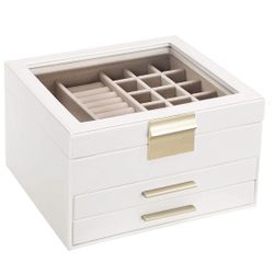 SONGMICS Jewelry Box with Glass Lid, 3-Layer Jewelry Organizer with 2 Drawers, Gift for Loved Ones, White