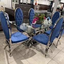 Luxury Dining Set 💙 Blue Velvet Chairs 