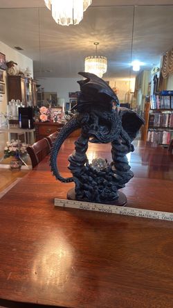 Large Dark Dragon Figurine with Crystal Ball