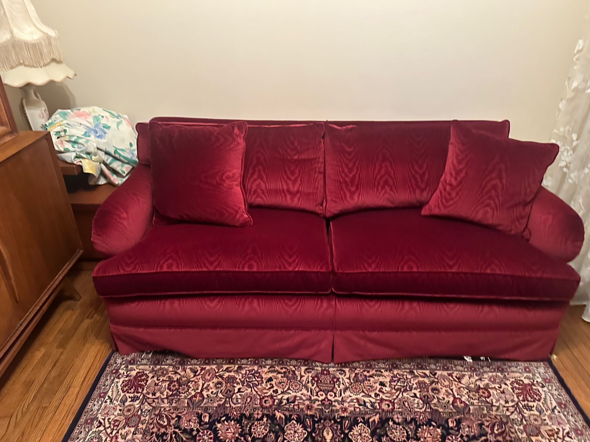 Red velvet sofa with queen size sofa bed