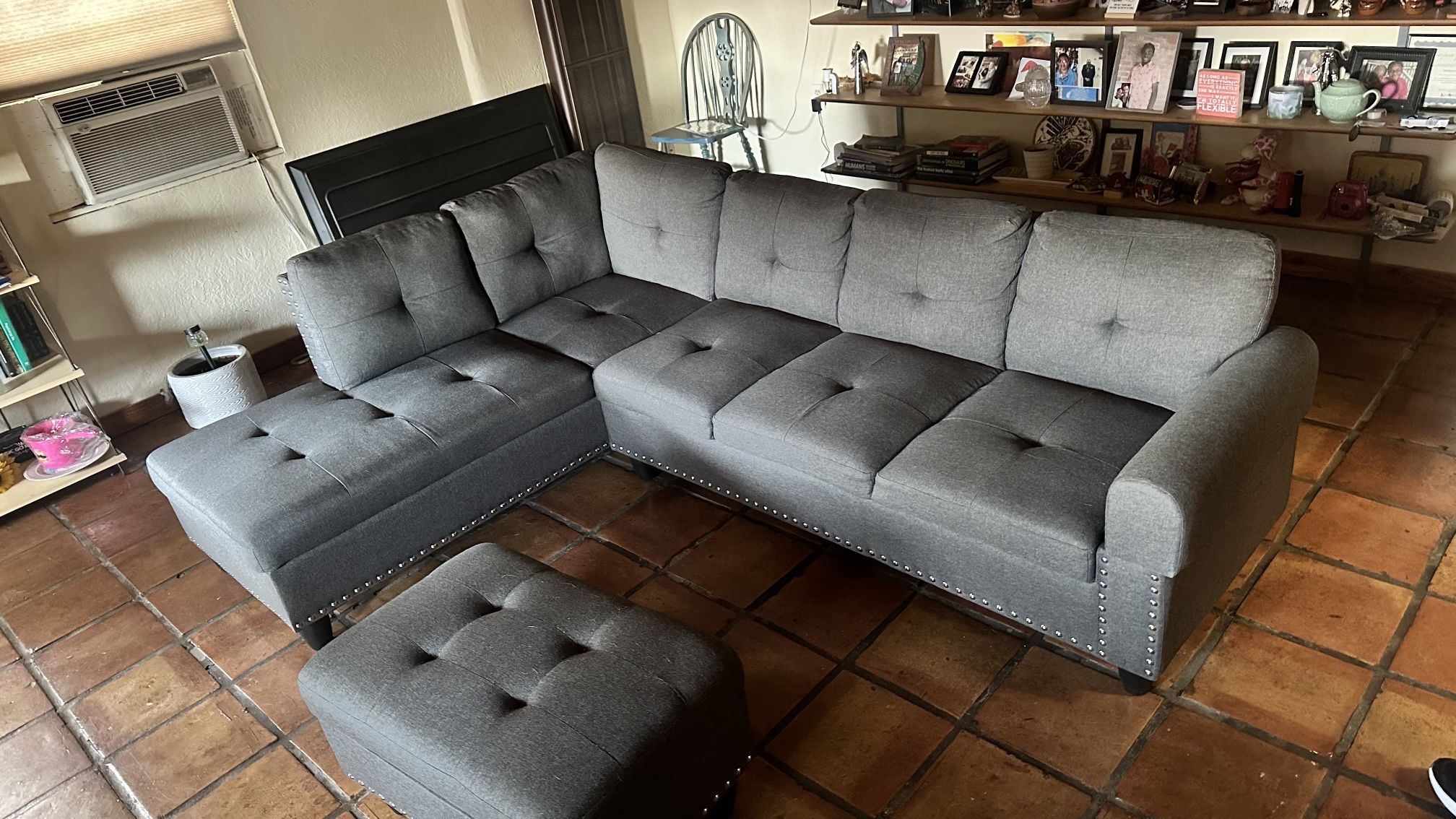 Gray Sectional Couch With Ottoman - Ottoman Has Storage Space