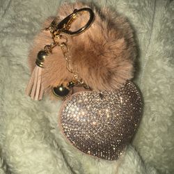New Rhinestone Puffy Heart with Fuzzy Pom Pom Keychain 