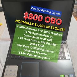 Dell - 17.3" Gaming Laptop - Intel Core i7 - 16GB Memory - NVIDIA GeForce RTX 2060 - 1TB Hard Drive + 256GB SSD, DDR4 RAM, Windows 10 Home 64-bit