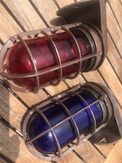 Pair of vintage nautical lights, industrial cage lights, position lights.