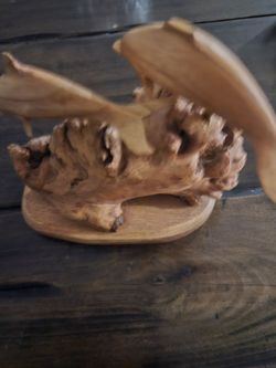 Hand-Carved Wooden Dolphin Sculpture on Natural Burl Wood Base – Coastal Decor