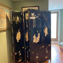 Chinese Four-Panel Lacquered Coromandel Screen Mother-Of-Pearl and Stone Inlay.