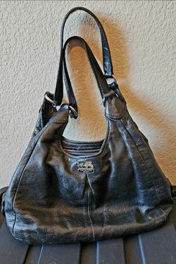 Coach  Madison Maggie  Black Hobo Leather Purse with White Drawstring dust bag