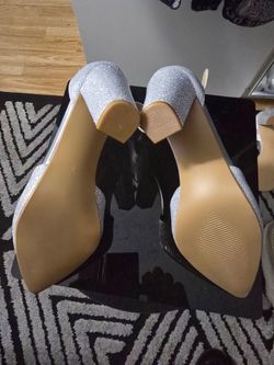 Women’s Silver Glitter Pointed-Toe Ankle Strap Block Heels – Elegant Dress Shoes