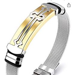 Reizteko Stylish Men's Adjustable Bracelet Cross Stainless Steel Mesh Chain Wrist Band Bracelet (Style A : Gold)