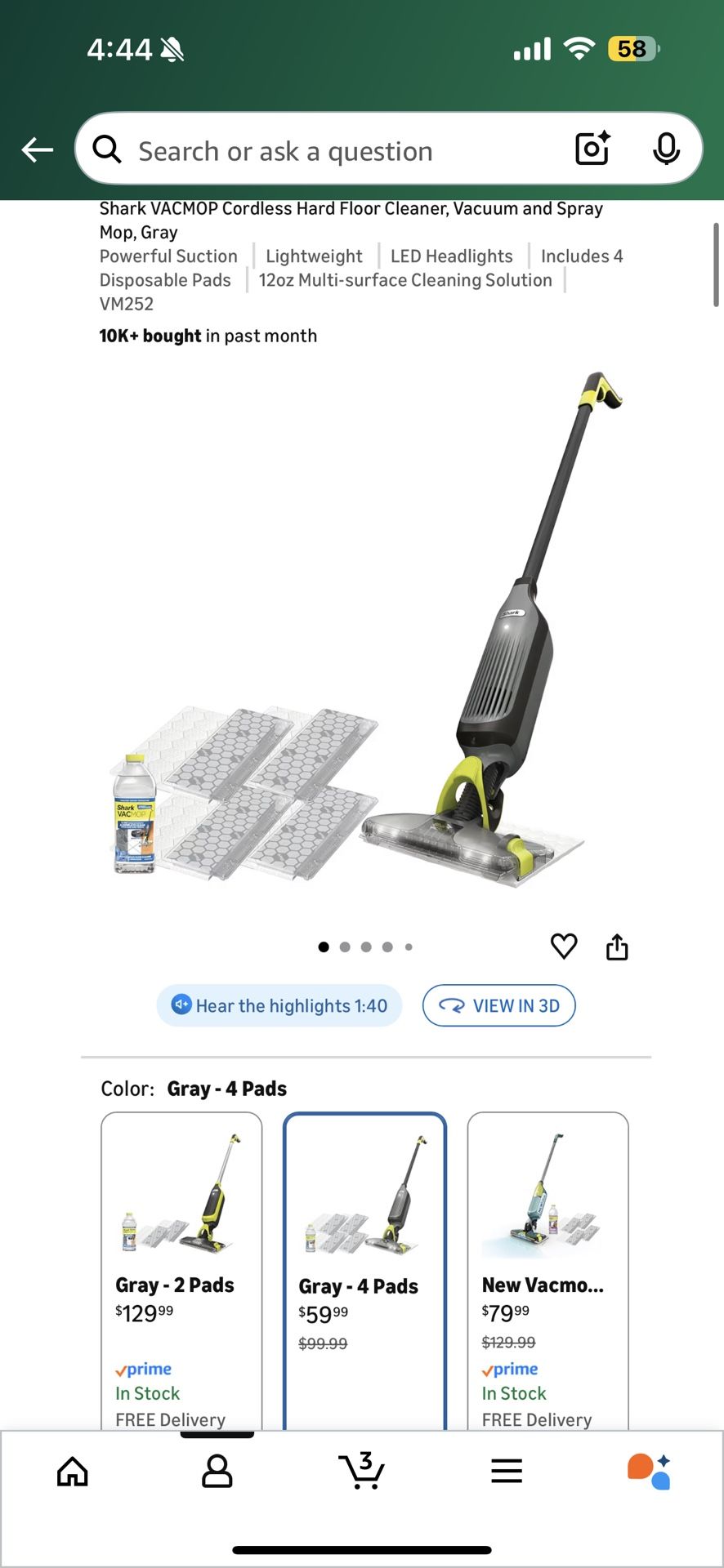 Shark VACMOP Cordless Hard Floor Cleaner, Vacuum and Spray Mop, Gray