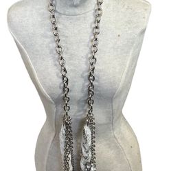Free Spirit Vtg Set  Necklace Silver Tone Multi Chain Silk Braided w Earrings 38