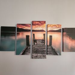 5-Panel Wall Art – Sunset Lake & Wooden Dock