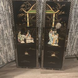 1970's Japanese Decorated Wall Panels Set Of Two
