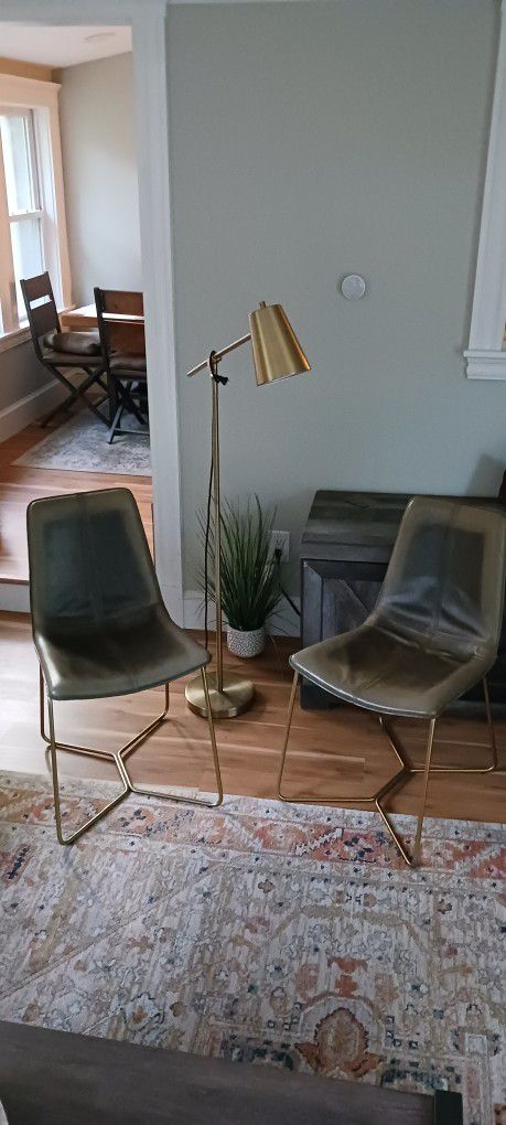 Pair Of West Elm Slope Leather Dining Chairs And Lamp Set