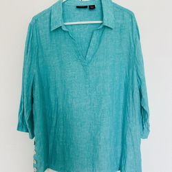 Women's TAHARI Linen SHIRT  Turquoise Aqua Tunic Popover Side Buttons. Size XXL