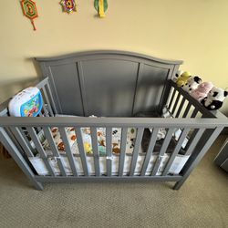 5-in-1 Convertible Baby Crib, Grey With Mattress, 2 Mattress Protector,  Full Sheet Set And Blanket!!! 