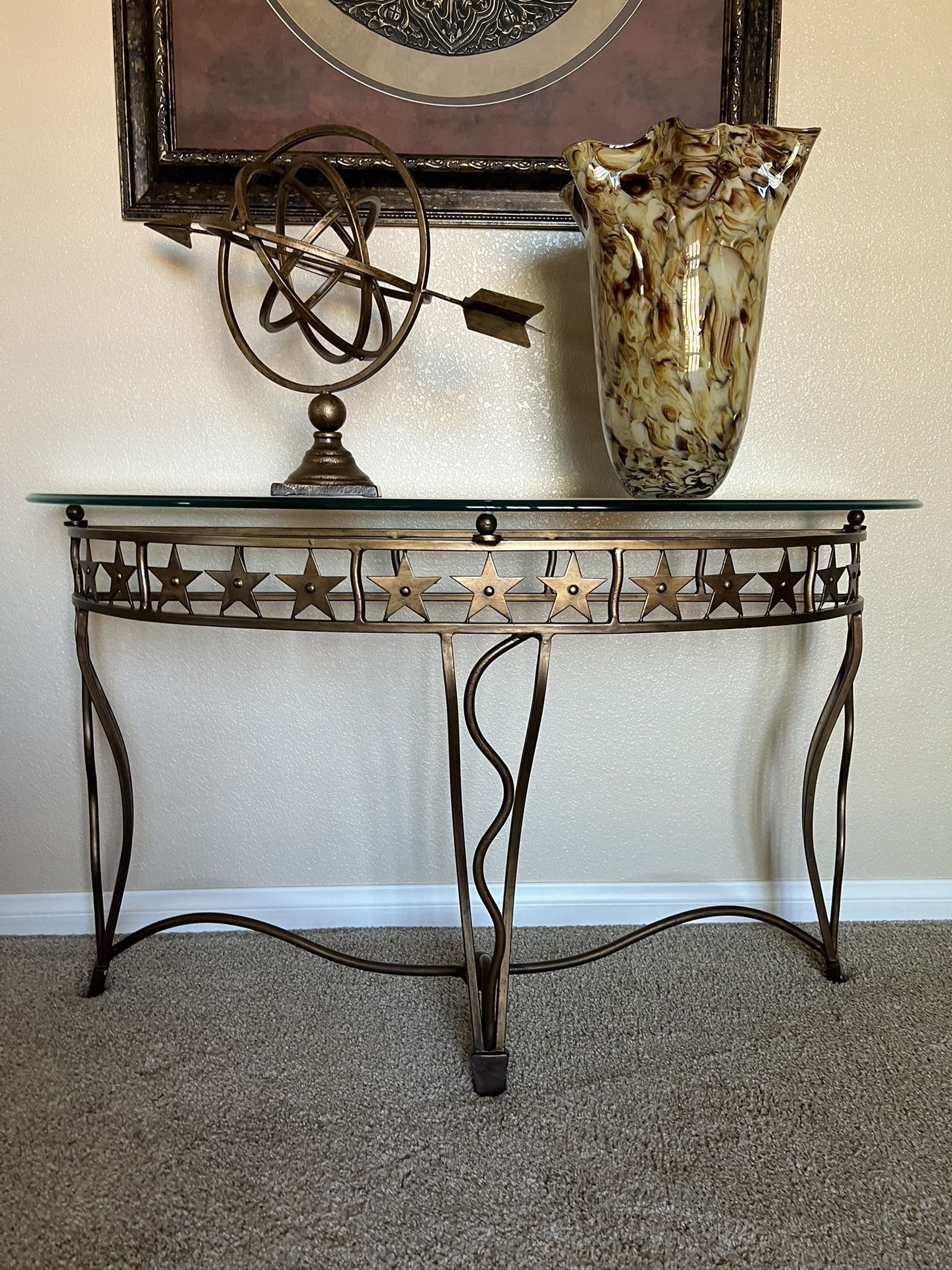 Glass & Metal Entryway Console Table With Vase & Globe