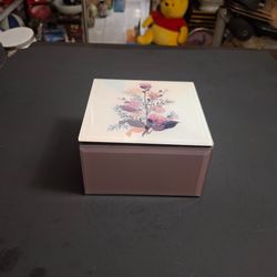 Pale Lavender Glass Trinket Box With Soft Watercolor Florals On White Lid W/Black Velvet Interior 4 5/8"Sq x 2.75"H