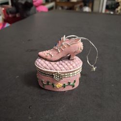 Victorian Women's Miniature Pink Heel Shoe Trinket Box With Latch - Hand-painted With Beige Felt Inside 2 1/8" X 1 5/8" X 2 1/2H