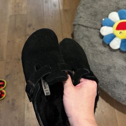 Birkenstock Boston Shearling Sandals Womens 7 Black Suede Mule Clog Outdoors
