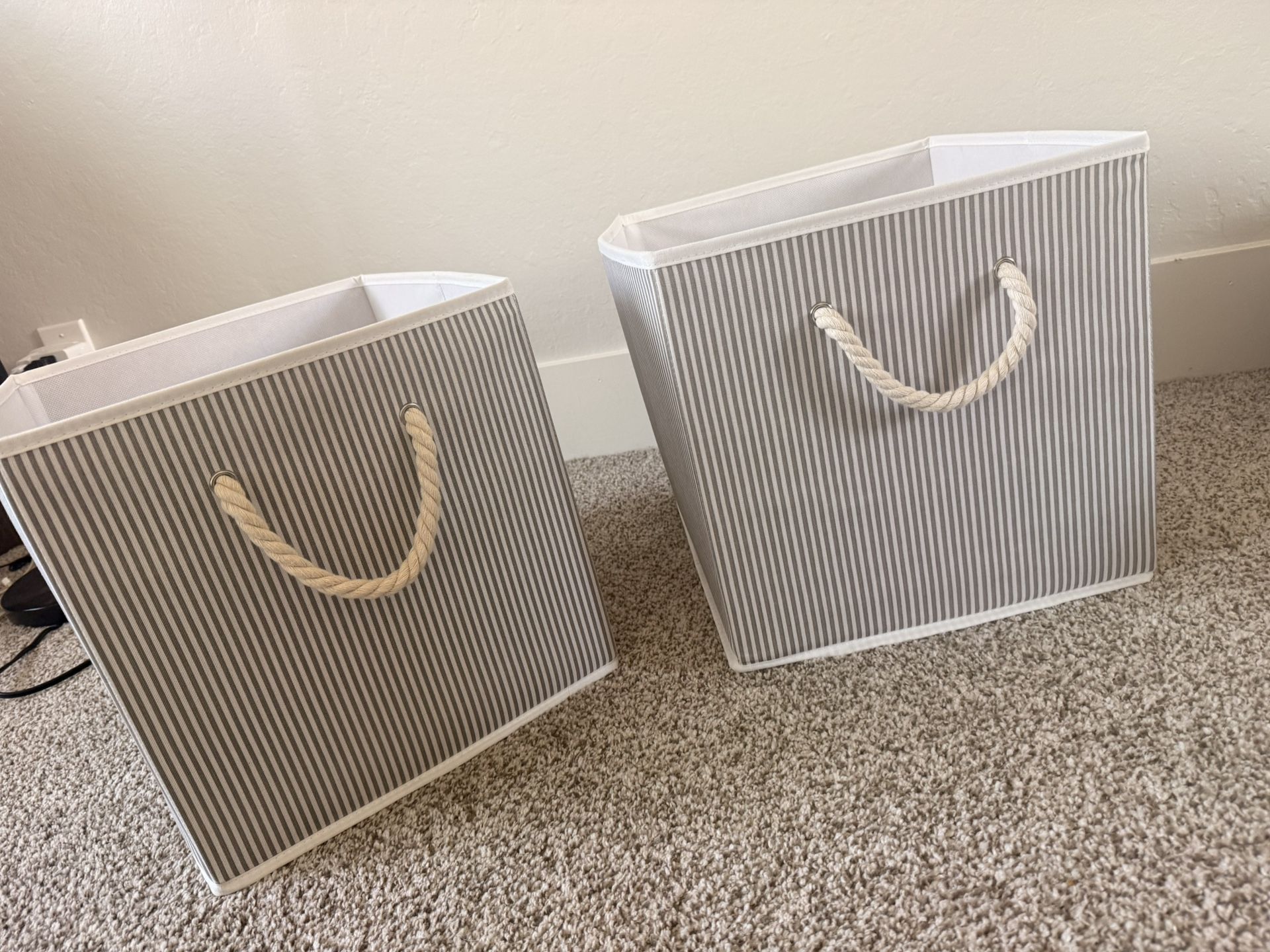 Set of 2 Collapsible Striped Fabric Storage Bins with Rope Handles