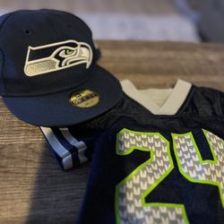 Seahawks Fitted Hat And Lynch Jersey 3-6 Months Hat Can Fit Up To 12 Months 