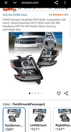 FIONE Halogen Headlight W/O Bulbs Compatible with Chevy Tahoe/Suburban 2015-2020 with LED DRL Headlamp NOT Fit HID Modles Black Housing Left+Right Sid
