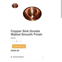 Copper Sink Double Walled Smooth Finish