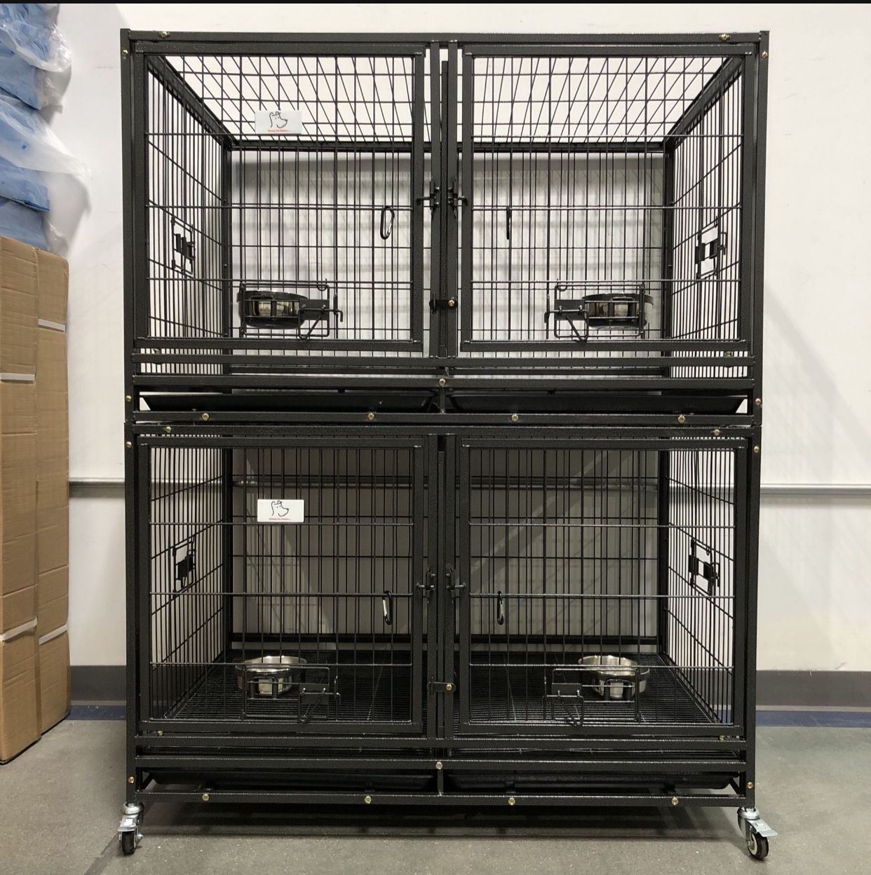 New 🔳🔳Double Tier HD Sleek 43” Kennel Crate Cage 🐩🐕🦮🐕‍🦺W/ Removable Divider, Bowls, Trays & Casters 🐶 Dimensions each level: 43”L X 28”W X 26”