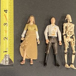 Star Wars Miniatures Lot: includes Battle Droid, Han Solo, & Leah. The items are loose figures in used condition.