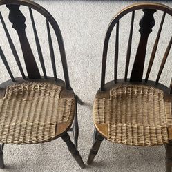 100+ Year Old ANTIQUE FARMHOUSE CHAIRS - 2 Matching Small Wood And Cane Chairs 