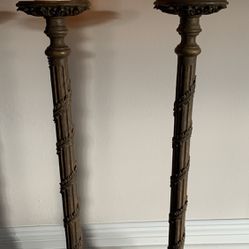 Pair Heavy Metal 31” Tall Candlesticks Tarnished Patina Oxidation