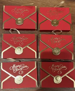 6 Gold Red Santa Letter  Christmas Winter GIFT CARD Money Holder Box Ornament