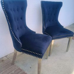 Tufted Velvet  Chairs Set of 2 with silver Stainless Steel Legs, Nailhead Trim, Blue and silver Can be Used for Dining in Restaurants, bedrooms

