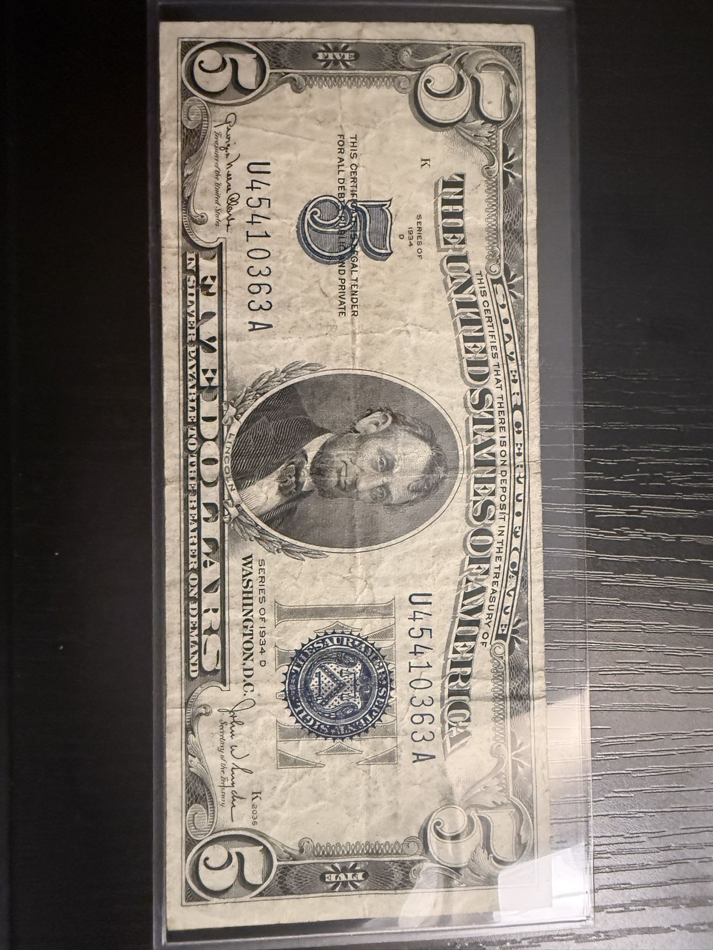blue seal silver certificate 5$ bills