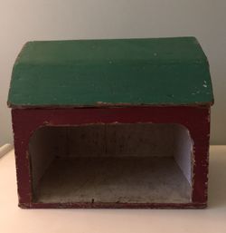 Antique Children’s Wood Barn. Red with Green Roof. 16 inches long by 14 inches tall by 12 inches deep.