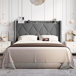 Queen Gray Velvet Platform Bed Frame with Charging Headboard and Storage Shelf