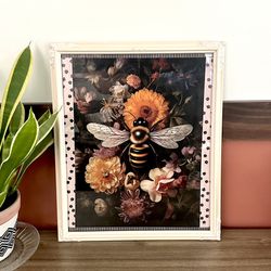 Bumblebee Moody Floral Dark Bee Canvas Print Ornate White Frame Dark Art 