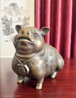 Antique Chinese Feng Shui "Happiness Pig" (or Wealth Pig) figurine, bronze. 6"