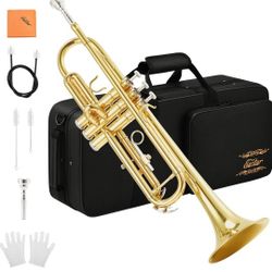 Eastar Bb Standard Trumpet Set for Beginner, Brass Student Trumpet Instrument with Hard Case, Cleaning Kit, 7C Mouthpiece and Gloves, ETR-380, Golden
