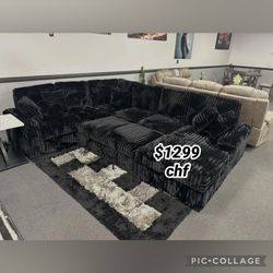 Black Jumbo Corduroy Sectional Sleeper Sofa With Pull Out Bed  // Black Friday Sale 