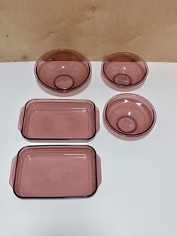 Vintage Pyrex Cranberry Pink Glass Bakeware & Mixing Bowls 5 Pc Set USA