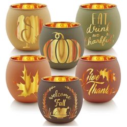 Thanksgiving Fall Autumn Votive Candle Holder Set of 6 Glass Laser Cut Tealight Candle Holders