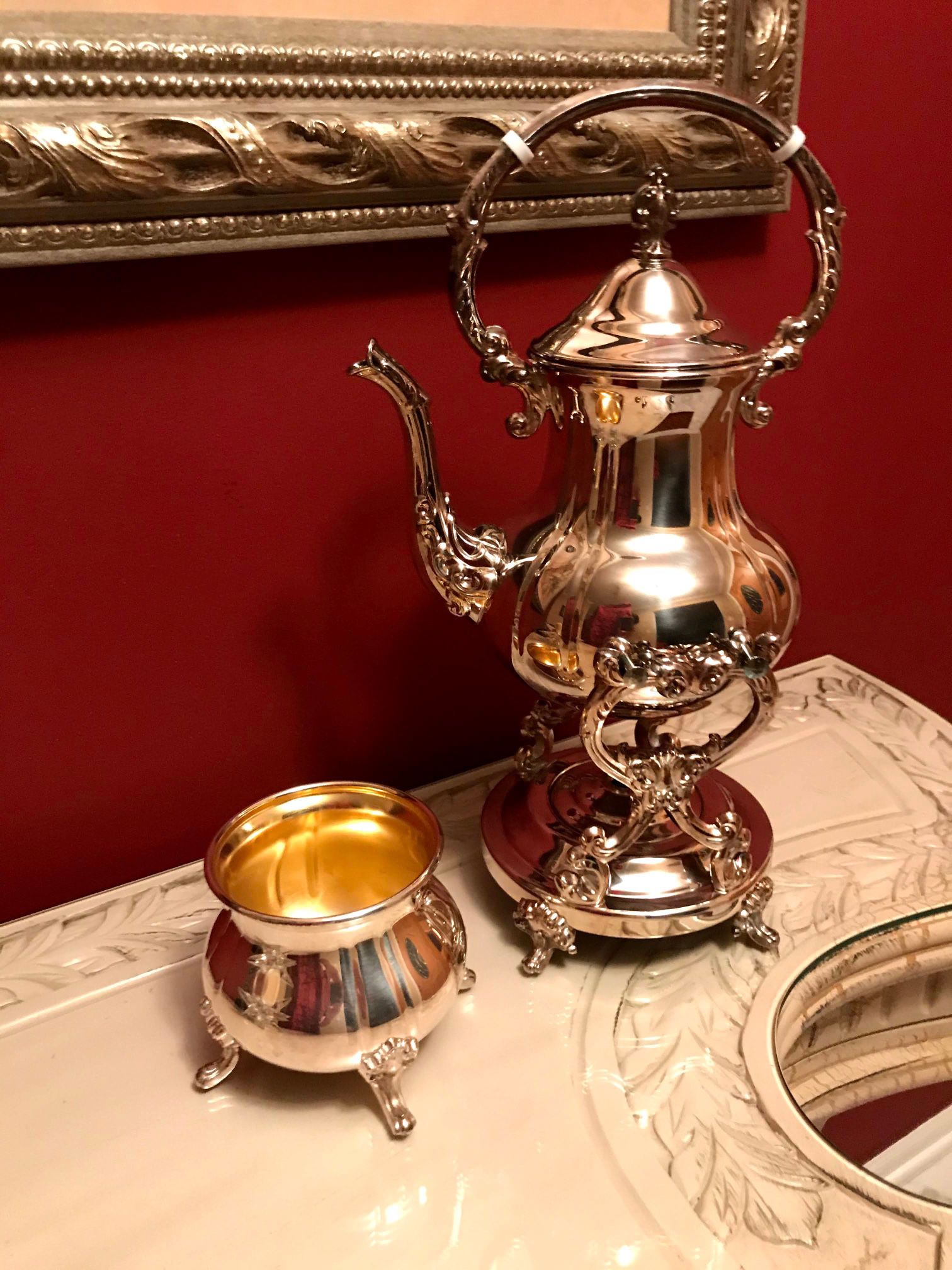 Towle Silverplated Tilting Teapot on stand with Sugar/Water Bowl New in box.  $85 