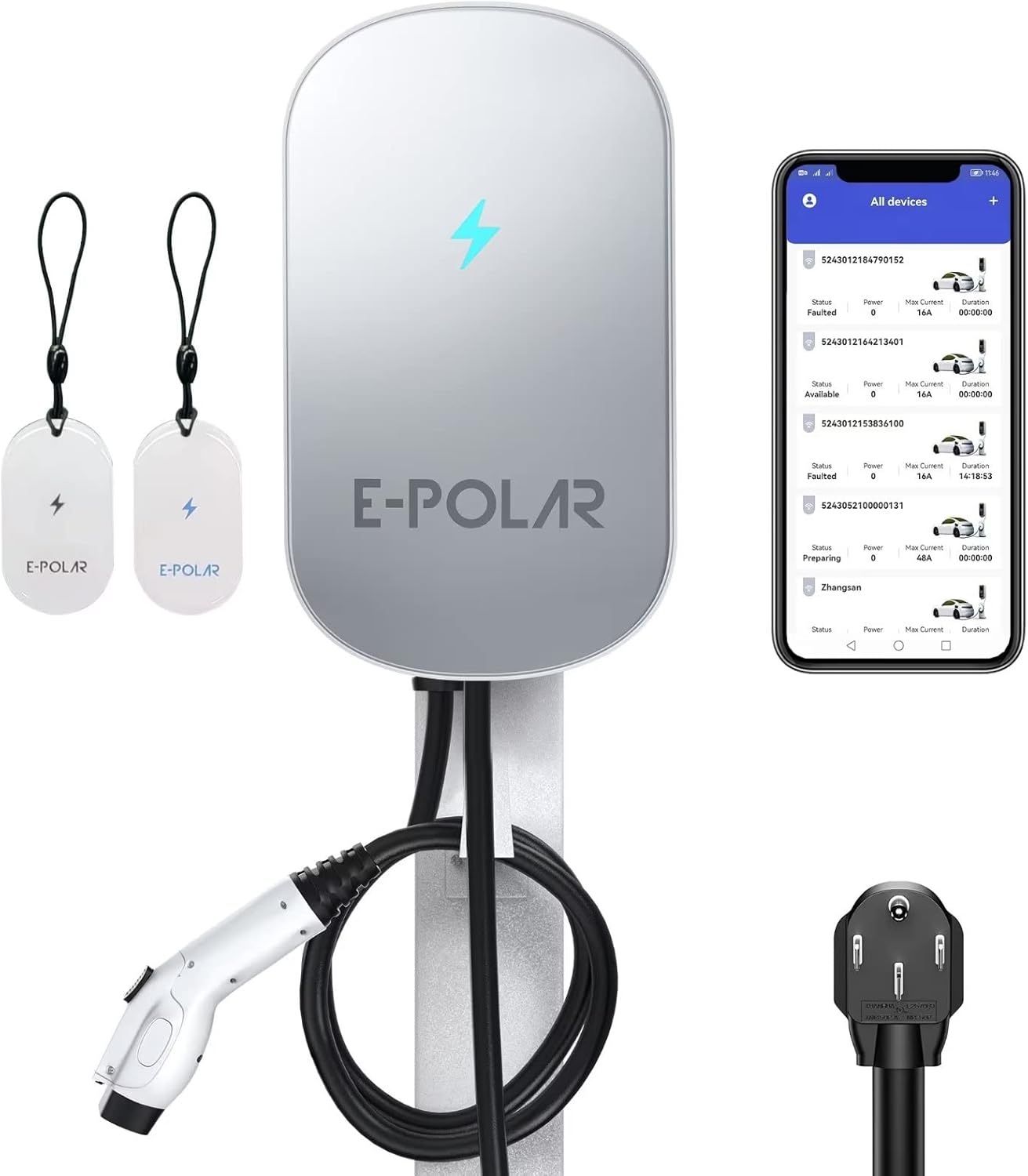Level 2 EV Charger EV Charger with Card and WiFi enabled EVSE 48A (max)/240V OCPP/ETL/Energy Star NEMA 14 50Plug or Home/Business Wired