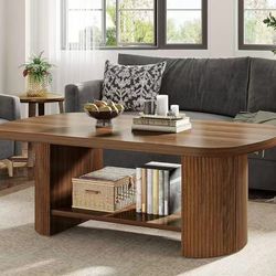 New assembled Oval Coffee Table, Mid-Century 2-Tier Coffee Table with Storage Shelf, Modern 45.27" Accent Center Table with Wooden Dual Base for Livin